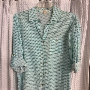Hester & Orchard White Button Down with Aqua Spots and Gold Buttons